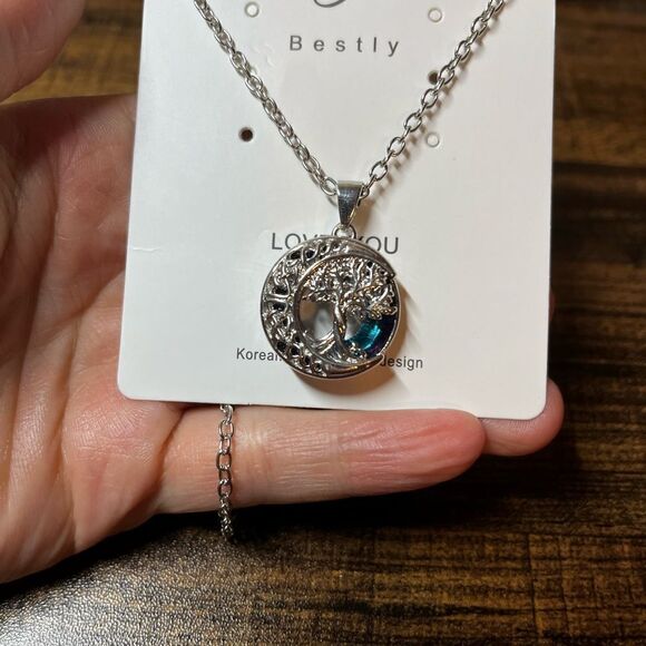 Tree Of Life Pendant With Cubic Zirconia & Crystal Decor Moon Shaped Necklace - Picture 4 of 4